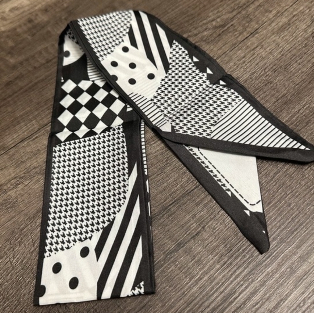 NEW Silky Geometric Black & White Neck & Bag Scarf